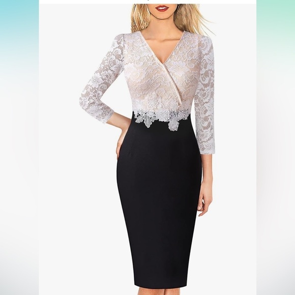 Womens Floral Lace Applique Waist V Neck 3/4 Sleeve Colorblock Bodycon Dress - Picture 1 of 8